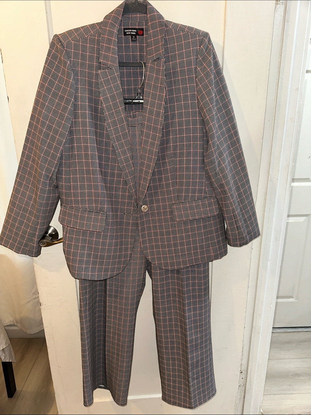 Windowpane Gray & Pink Women's Pantsuit Blazer and Trousers